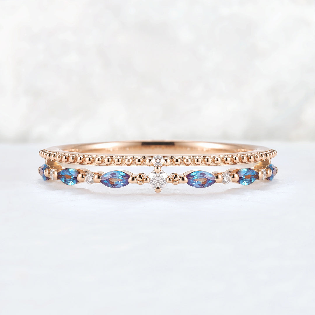 Double-Ring Arm Marquise Cut Alexandrite Beaded Edge Stacking Ring