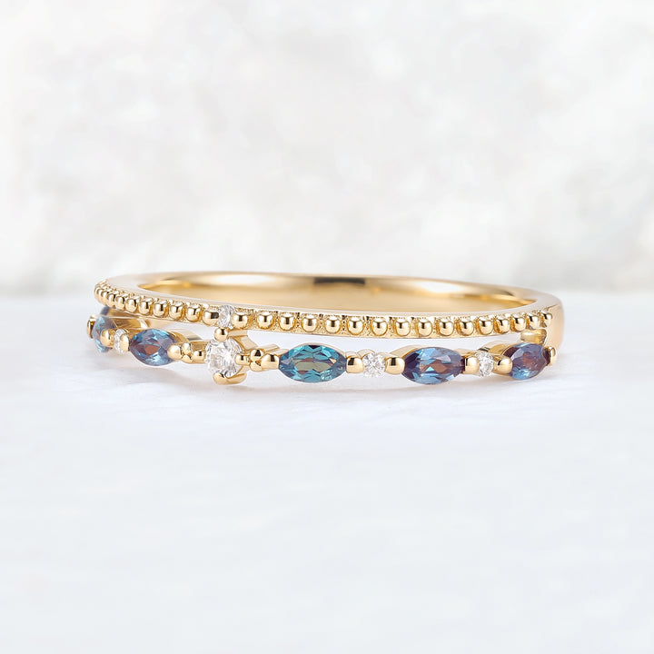 Double-Ring Arm Marquise Cut Alexandrite Beaded Edge Stacking Ring