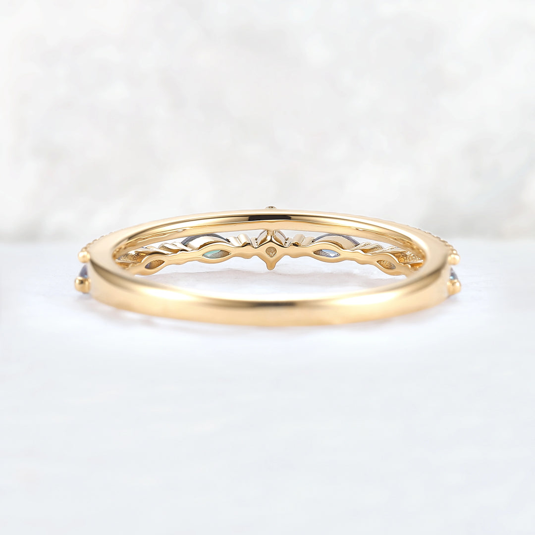 Double-Ring Arm Marquise Cut Alexandrite Beaded Edge Stacking Ring