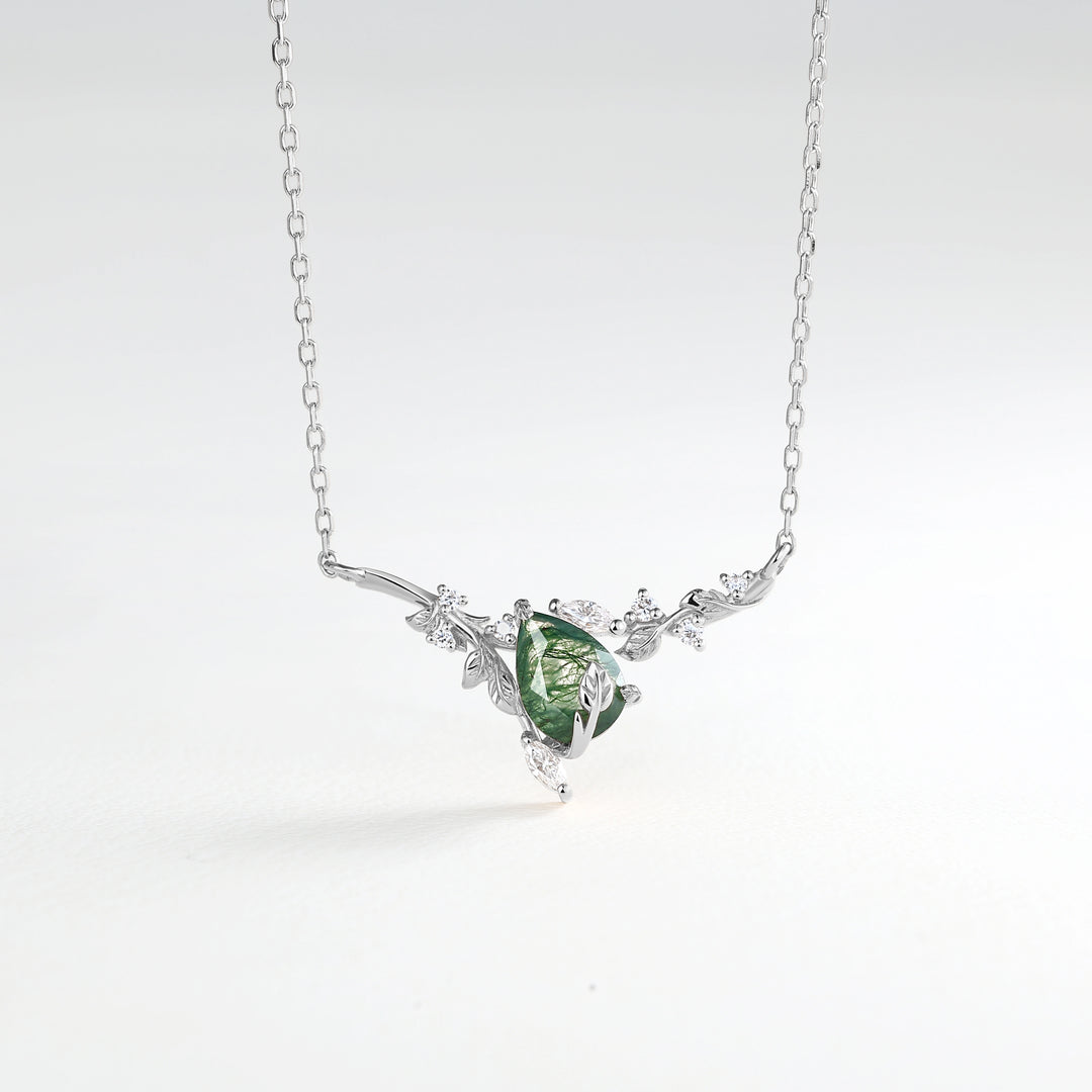 Elowen Pear Cut Moss Agate Nature Inspired Leaf & Branch Necklace