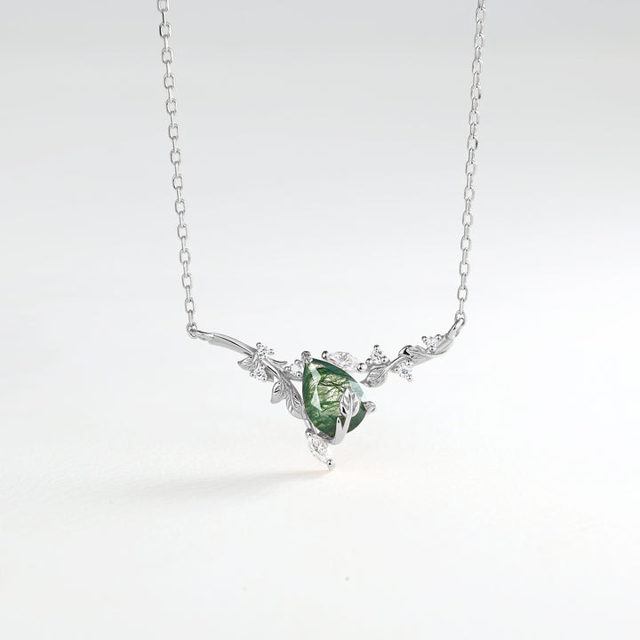 Elowen Pear Cut Moss Agate Nature Inspired Leaf & Branch Necklace