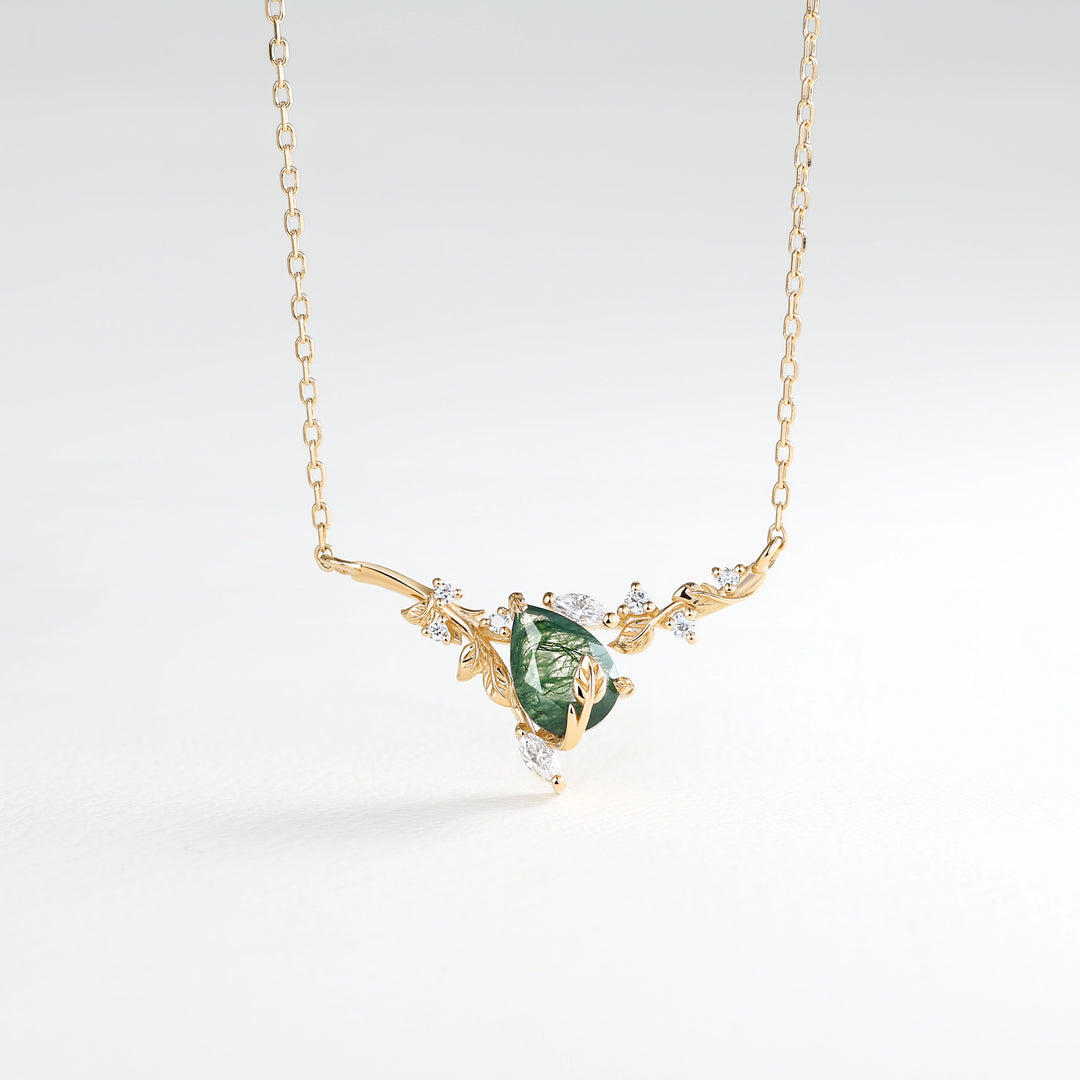 Elowen Pear Cut Moss Agate Nature Inspired Leaf & Branch Necklace