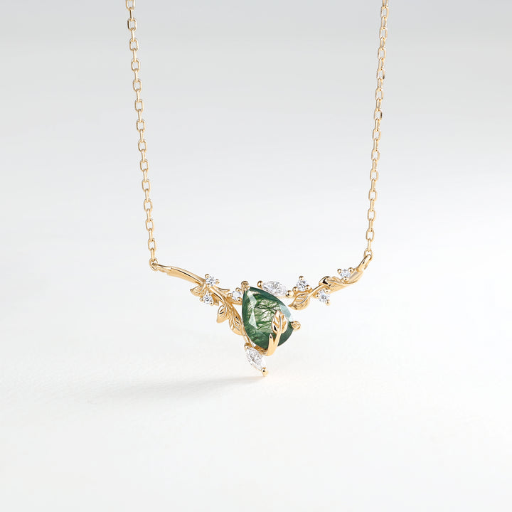 Elowen Pear Cut Moss Agate Nature Inspired Leaf & Branch Necklace