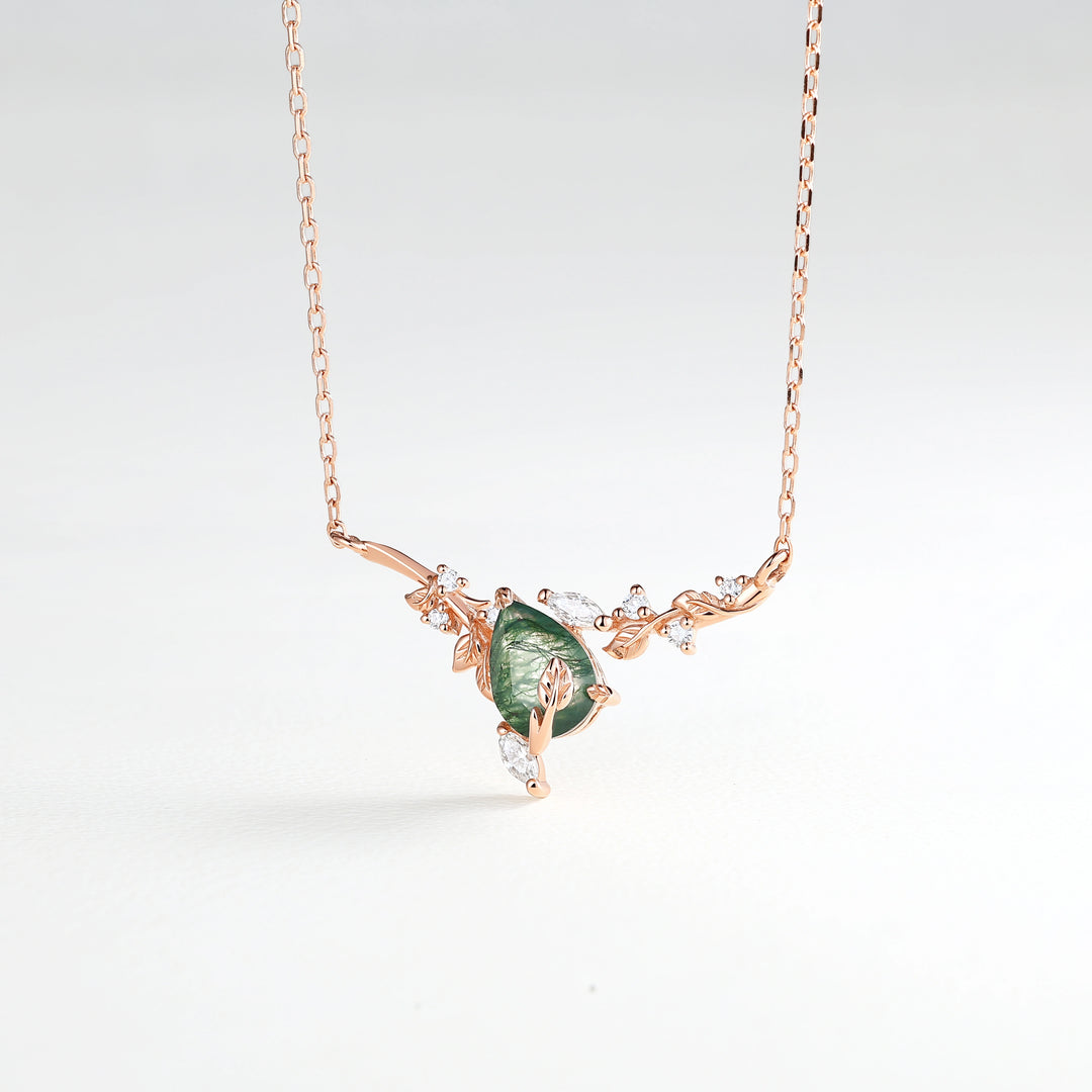 Elowen Pear Cut Moss Agate Nature Inspired Leaf & Branch Necklace