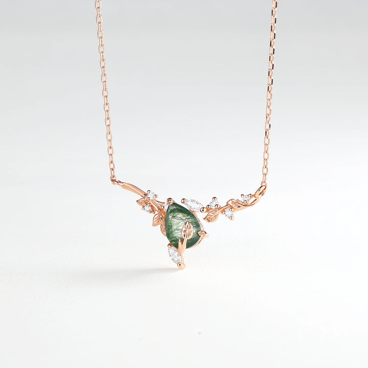 Elowen Pear Cut Moss Agate Nature Inspired Leaf & Branch Necklace