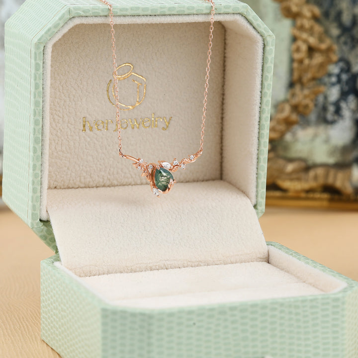 Elowen Pear Cut Moss Agate Nature Inspired Leaf & Branch Necklace