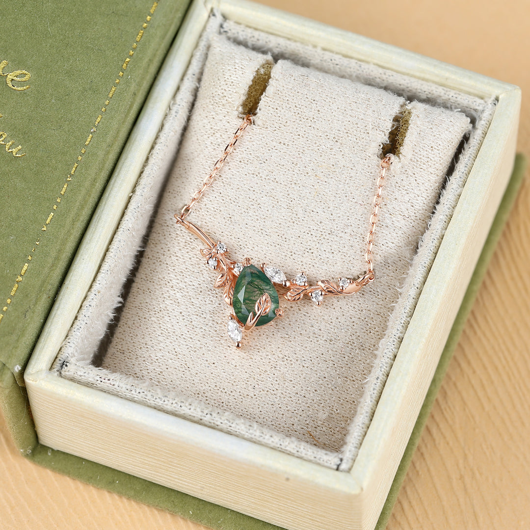 Elowen Pear Cut Moss Agate Nature Inspired Leaf & Branch Necklace