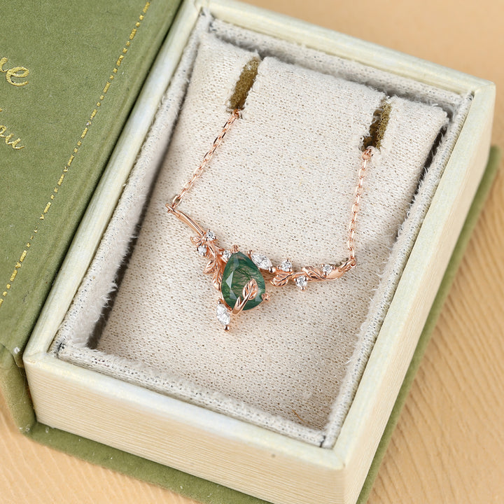 Elowen Pear Cut Moss Agate Nature Inspired Leaf & Branch Necklace