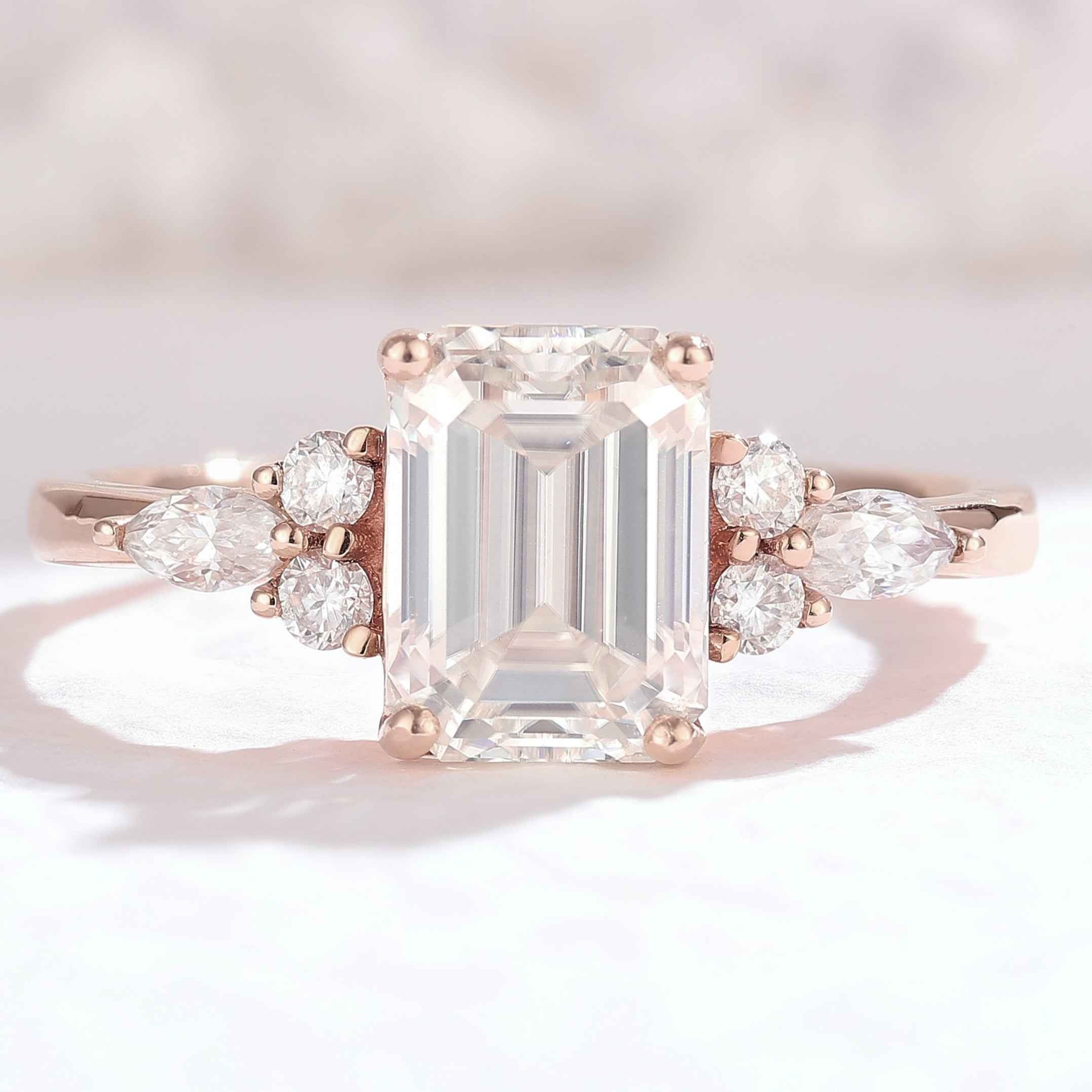 Emerald Cut Moissanite Cluster Gemstone Ring