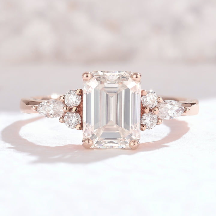 Emerald Cut Moissanite Cluster Engagement ring