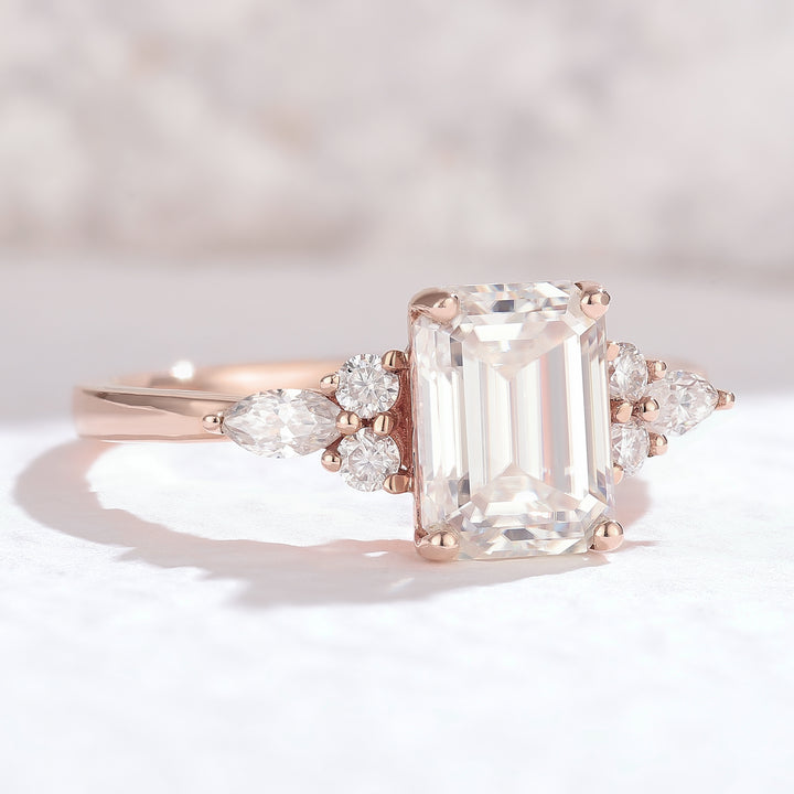 Emerald Cut Moissanite Cluster Engagement ring