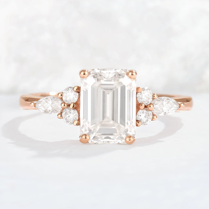 Emerald Cut Moissanite Cluster Gemstone Ring
