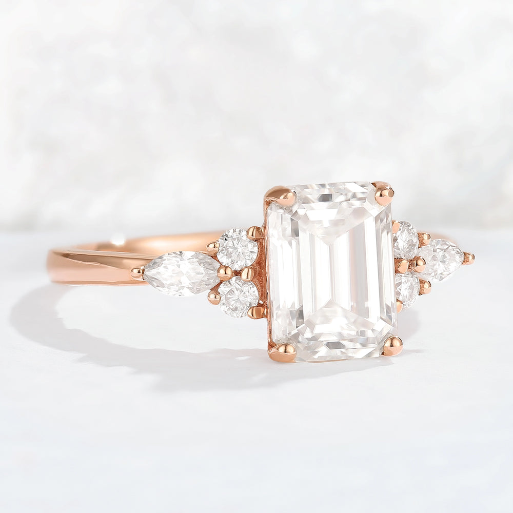 Emerald Cut Moissanite Cluster Gemstone Ring