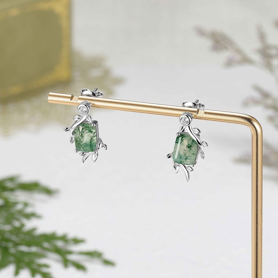 Kite Cut Moss Agate Leafy Earrings Anniversary Gift for Her