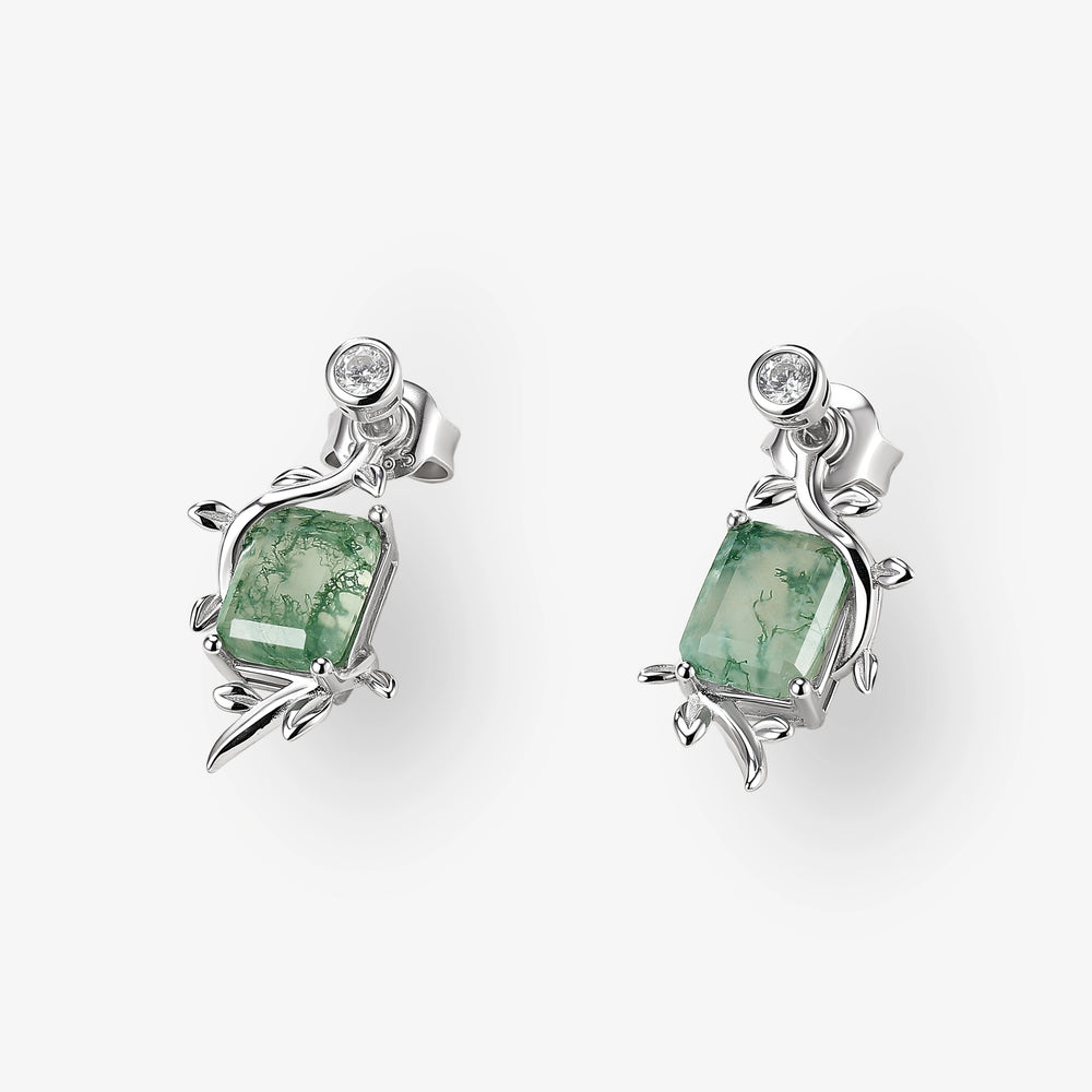 Emerald Cut Moss Agate Leafy Earrings Anniversary Gift for Her