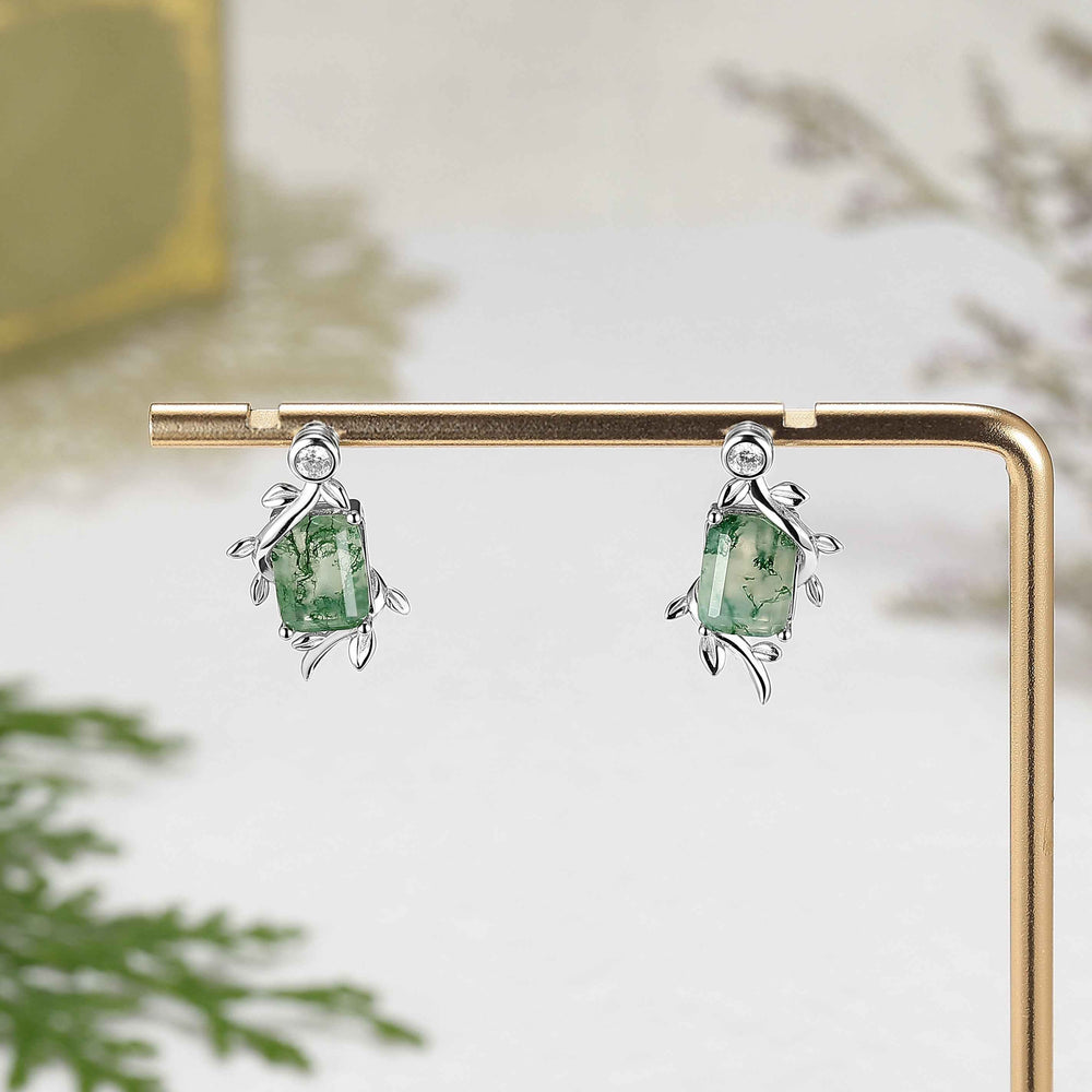 Kite Cut Moss Agate Leafy Earrings Anniversary Gift for Her