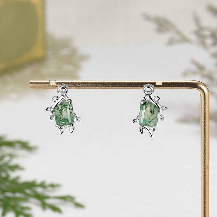 Kite Cut Moss Agate Leafy Earrings Anniversary Gift for Her