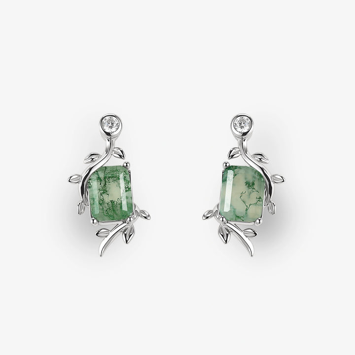 Emerald Cut Moss Agate Leafy Earrings Anniversary Gift for Her