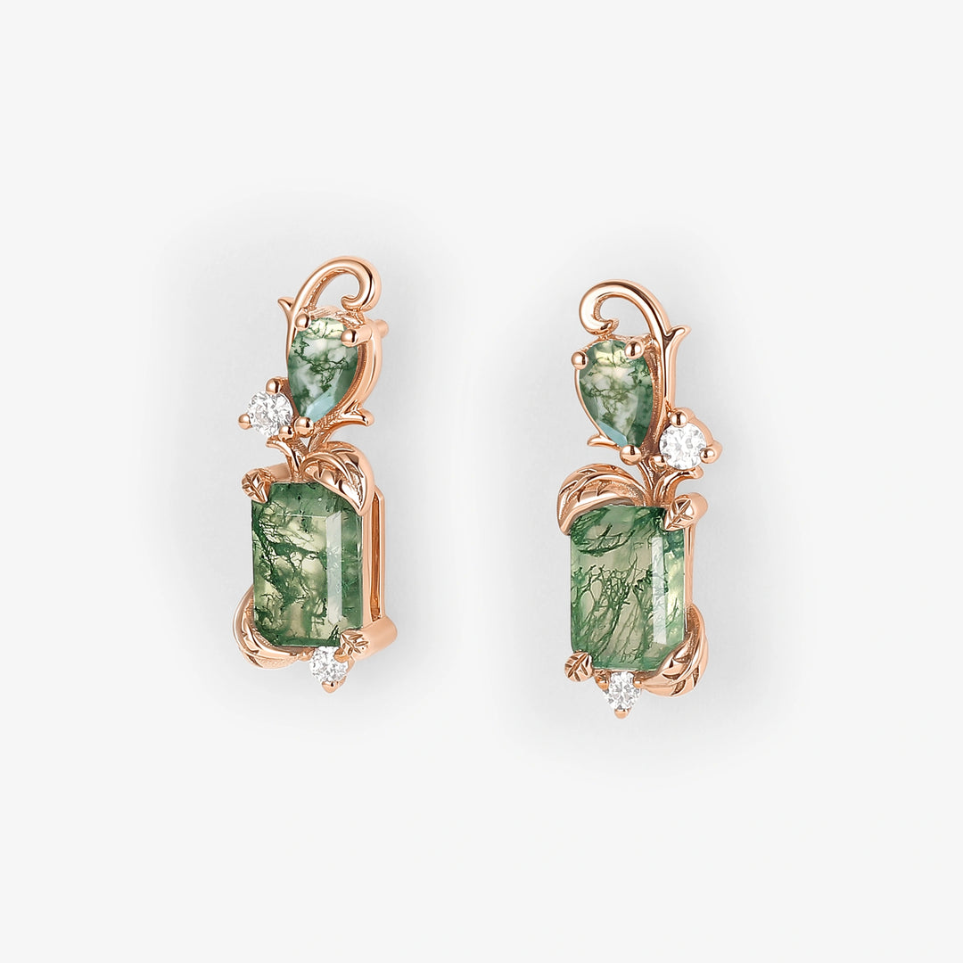 Emerald Cut Moss Agate Leafy Earrings for Her