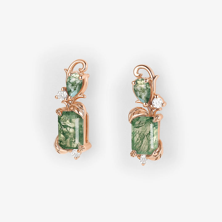 Emerald Cut Moss Agate Leafy Earrings for Her