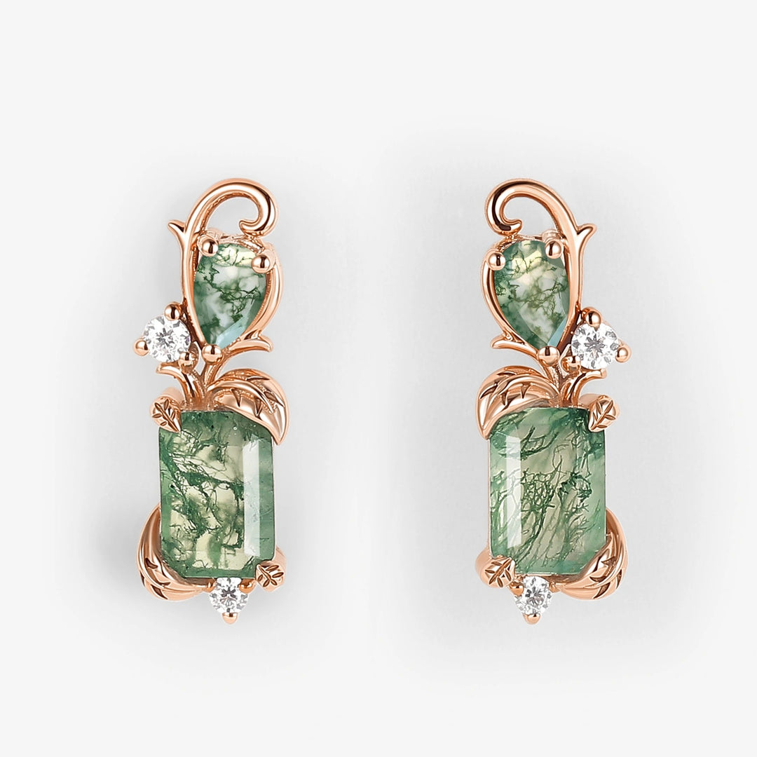 Emerald Cut Moss Agate Leafy Earrings for Her