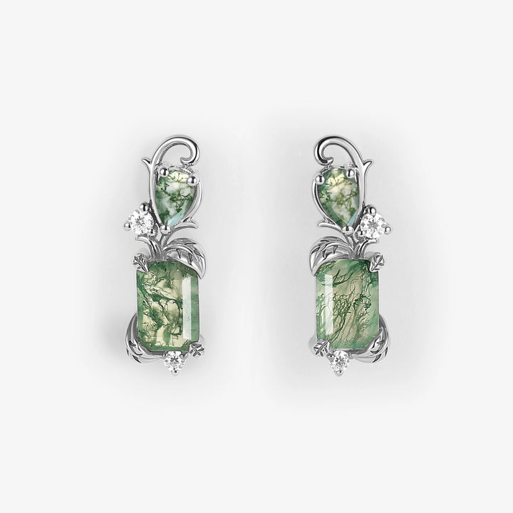 Emerald Cut Moss Agate Leafy Earrings for Her
