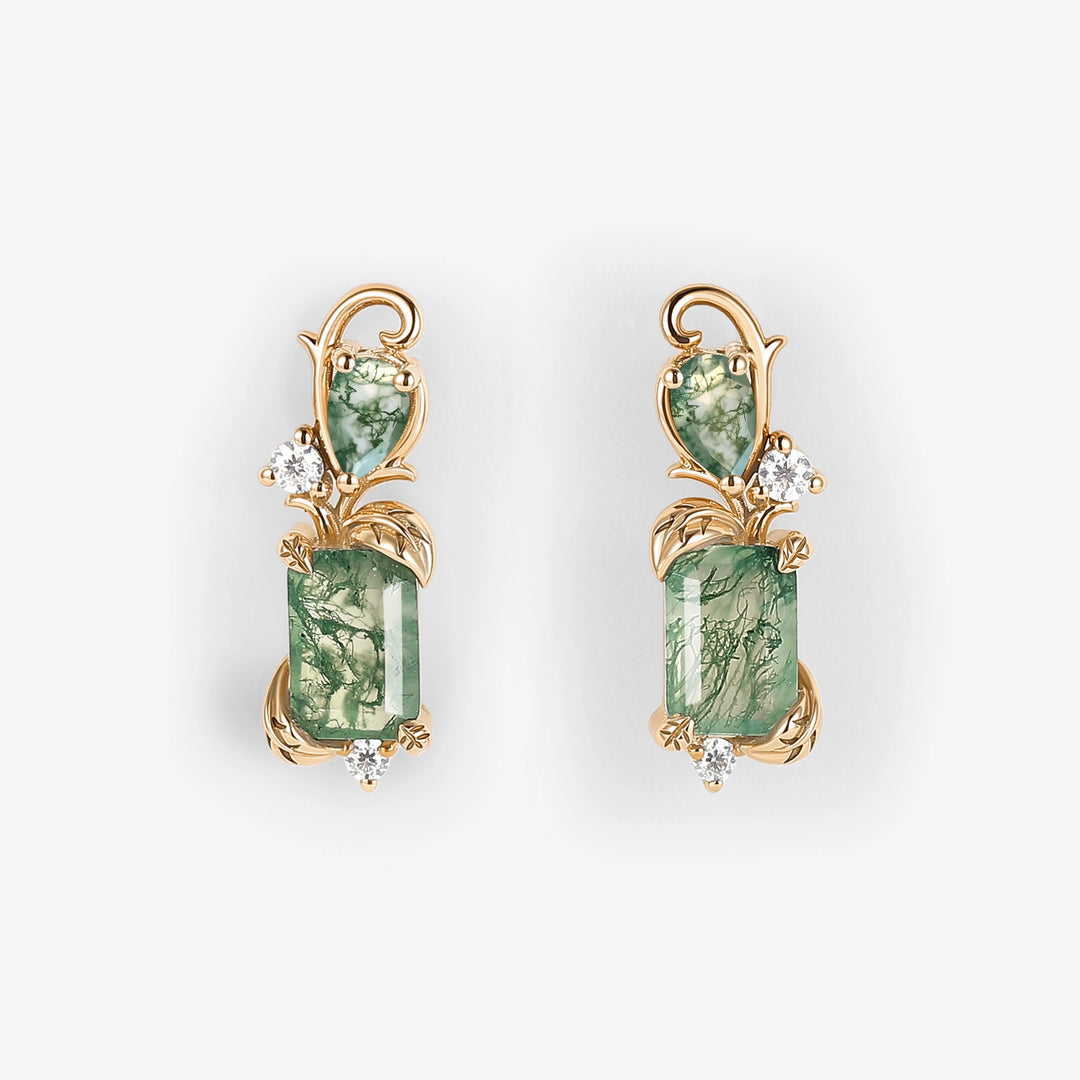 Emerald Cut Moss Agate Leafy Earrings for Her
