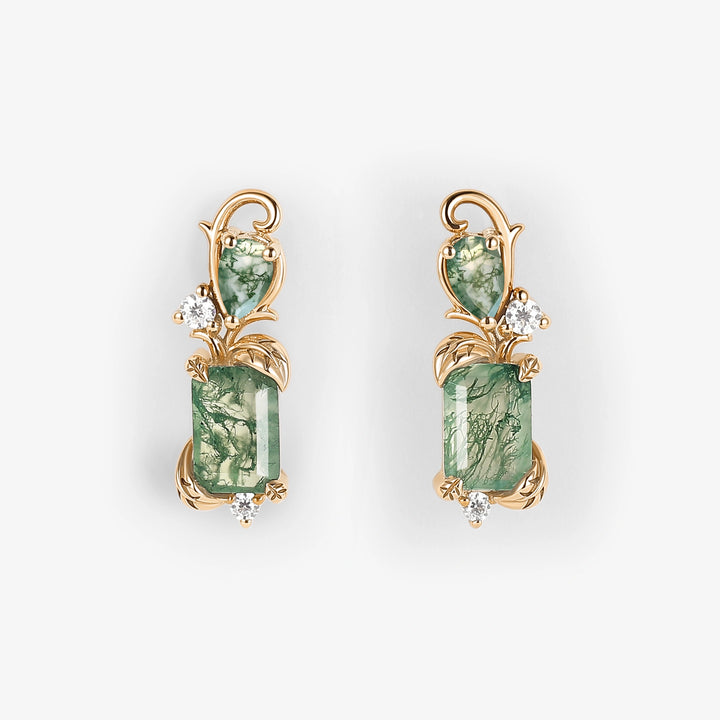 Emerald Cut Moss Agate Leafy Earrings for Her
