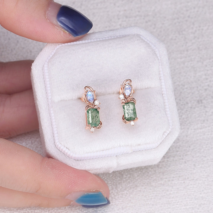 Emerald Cut Moss Agate & Moonstone Leafy Earrings