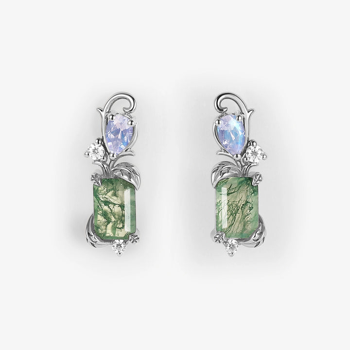 Emerald Cut Moss Agate & Moonstone Leafy Earrings
