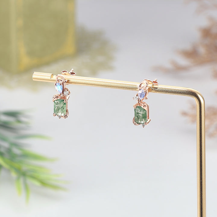 Emerald Cut Moss Agate & Moonstone Leafy Earrings