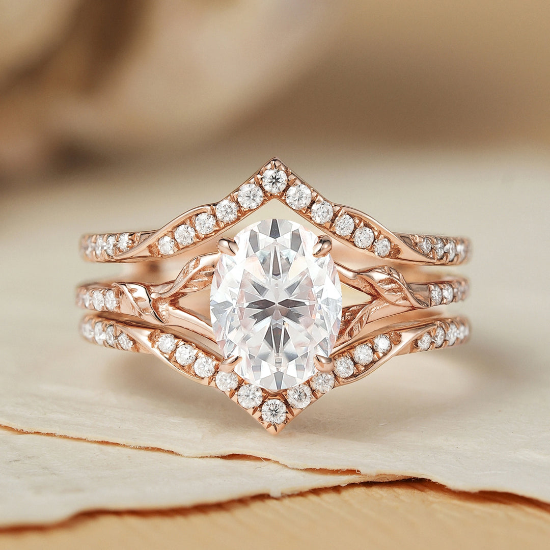 Enhancer Oval Cut Moissanite Enhancer Gemstone Leafy Ring Set 2pcs