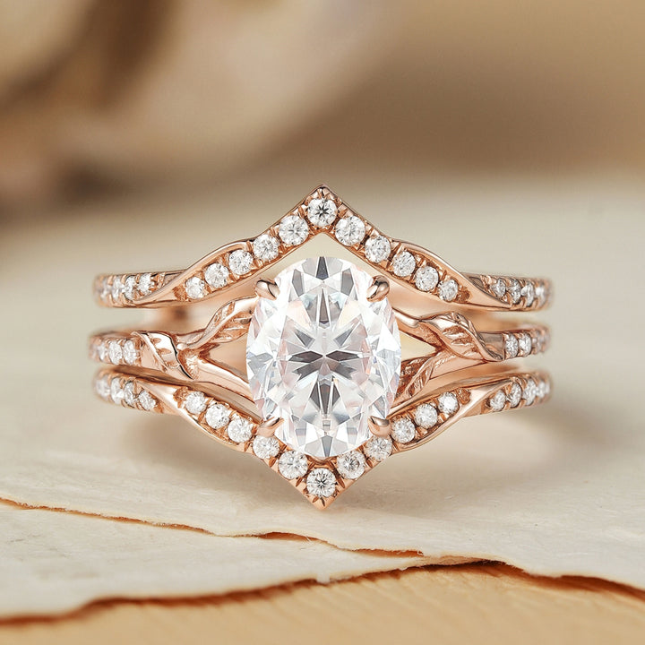 Enhancer Oval Cut Moissanite Enhancer Gemstone Leafy Ring Set 2pcs