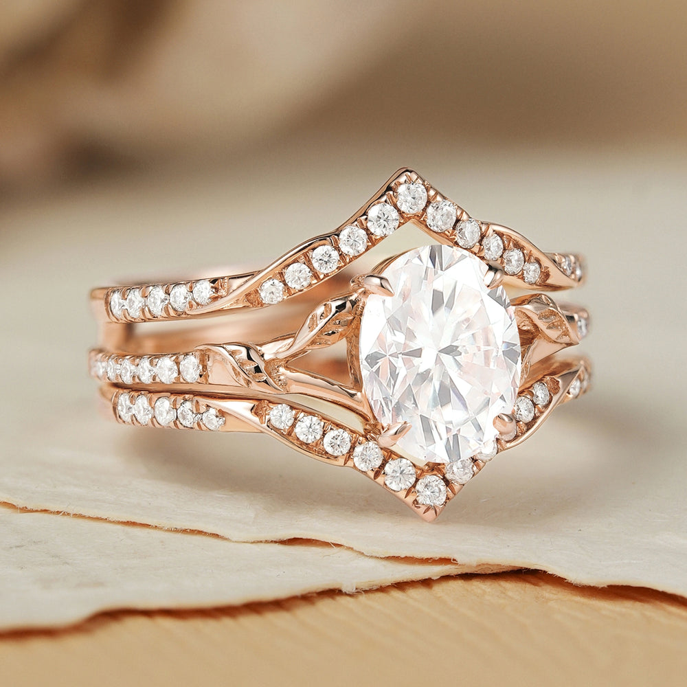 Enhancer Oval Cut Moissanite Enhancer Gemstone Leafy Ring Set 2pcs