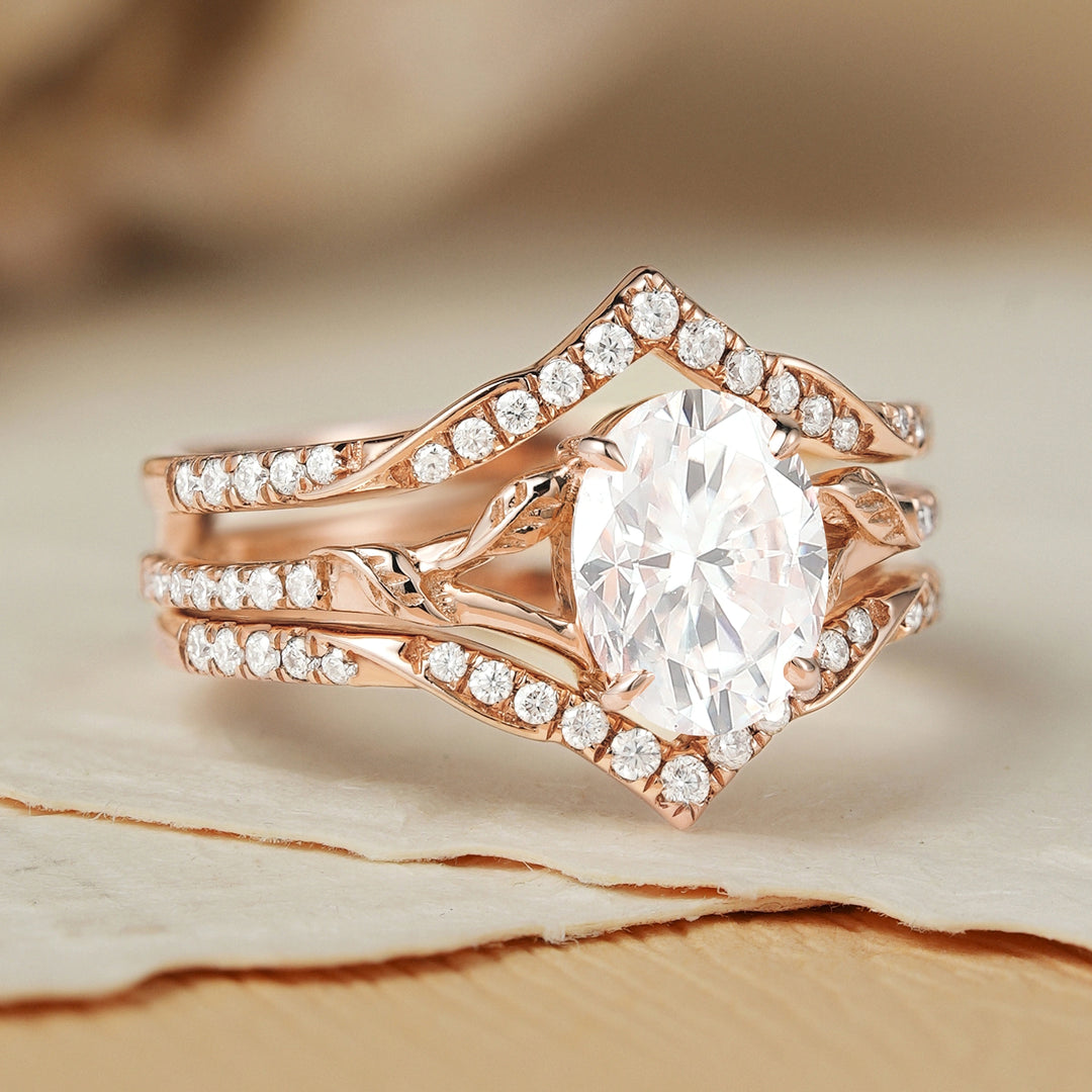 Enhancer Oval Cut Moissanite Enhancer Gemstone Leafy Ring Set 2pcs