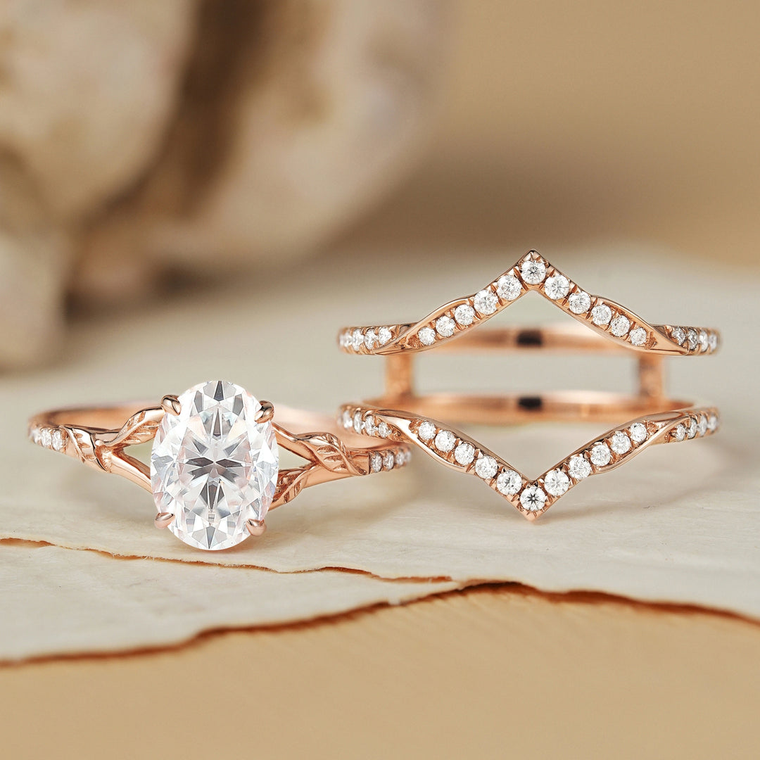 Enhancer Oval Cut Moissanite Enhancer Gemstone Leafy Ring Set 2pcs