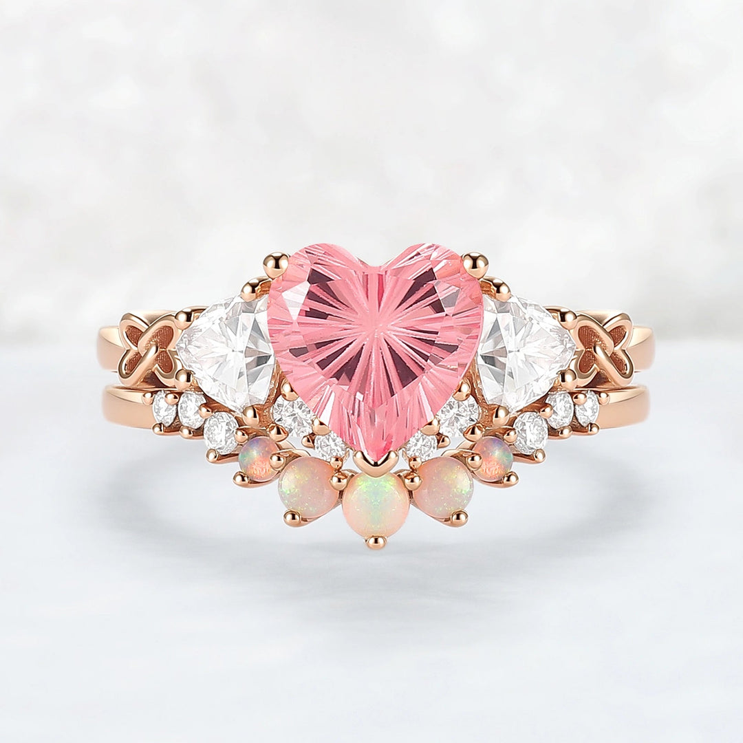 Eternal Knot Heart-Shaped Pink Sapphire Engagement Ring Set 2pcs