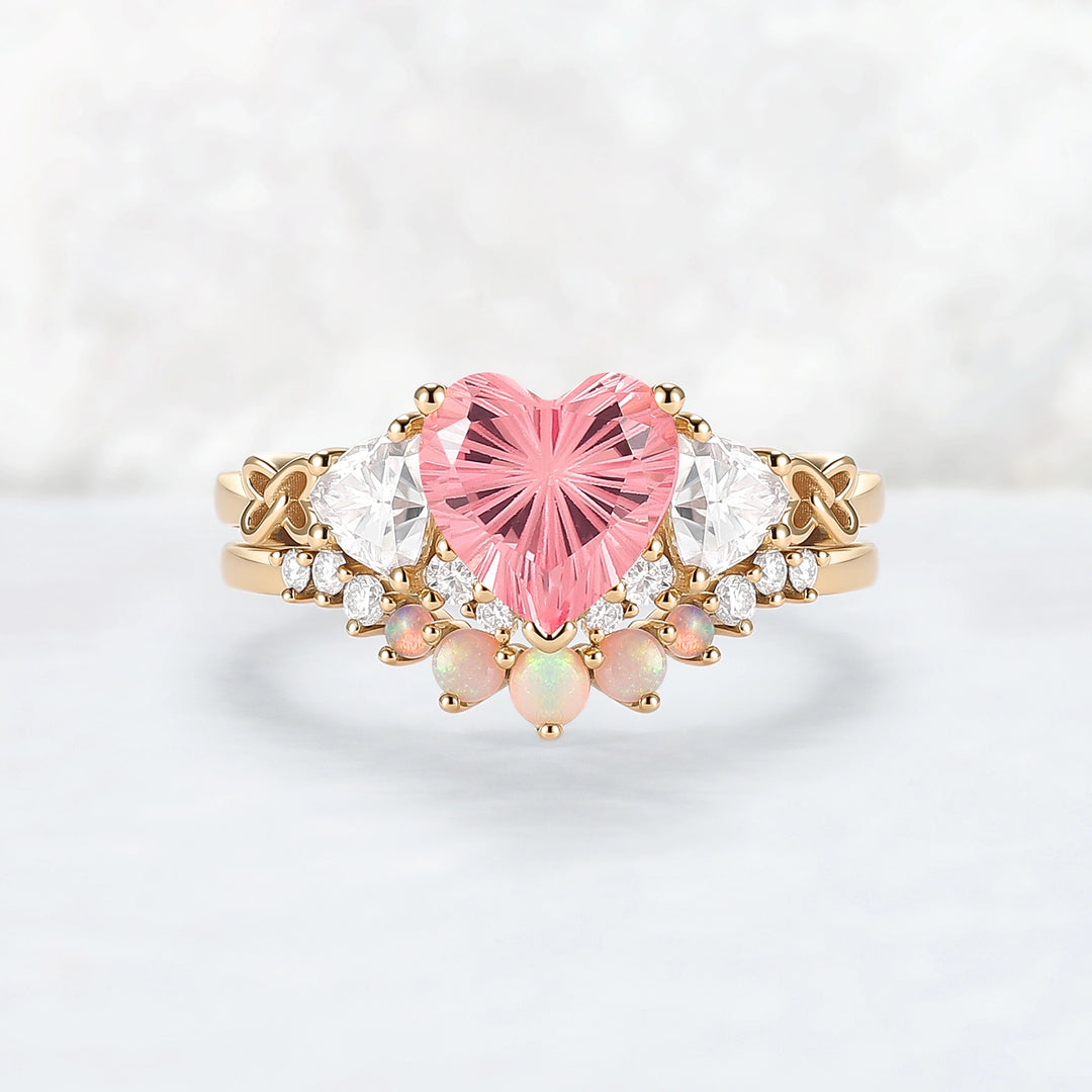 Eternal Knot Heart-Shaped Pink Sapphire Engagement Ring Set 2pcs