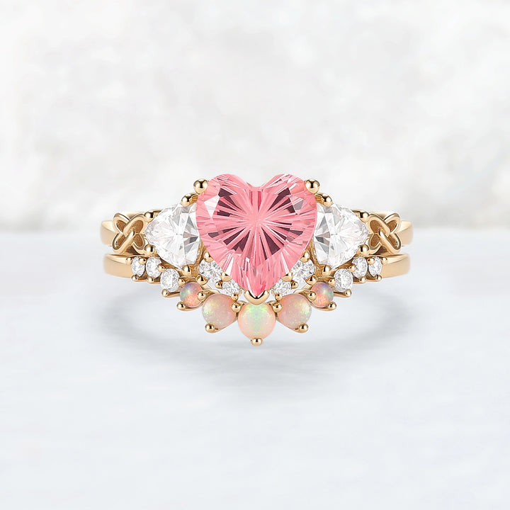 Eternal Knot Heart-Shaped Pink Sapphire Engagement Ring Set 2pcs