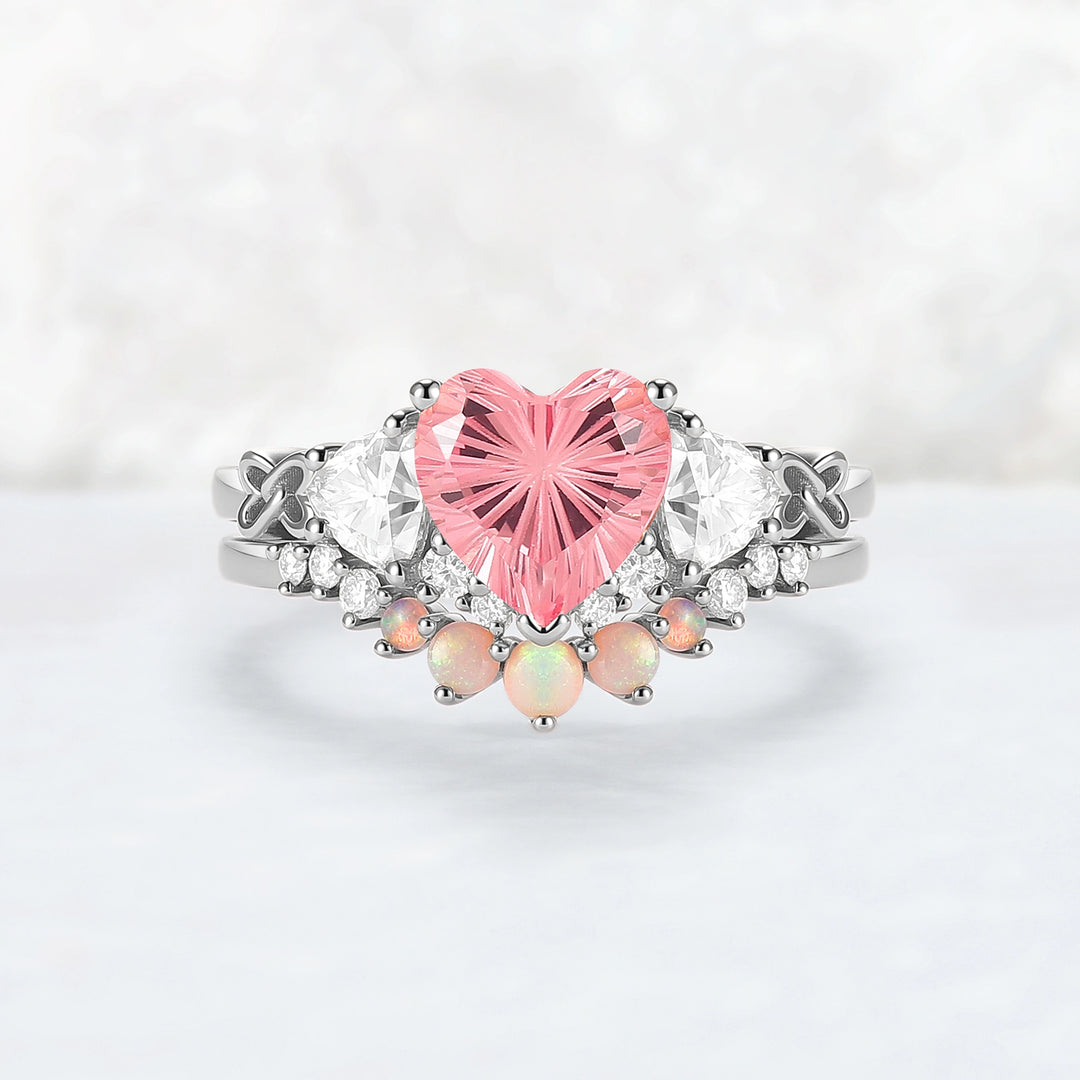 Eternal Knot Heart-Shaped Pink Sapphire Engagement Ring Set 2pcs