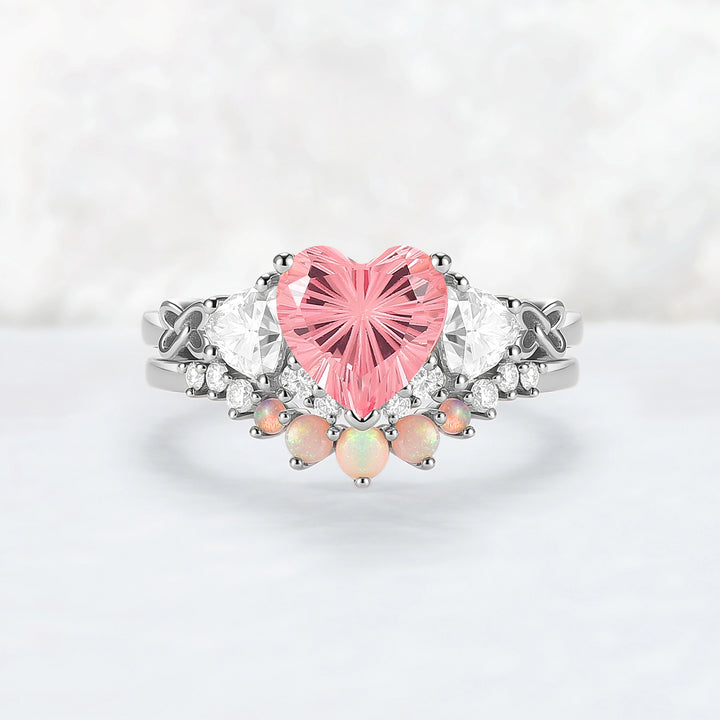 Eternal Knot Heart-Shaped Pink Sapphire Engagement Ring Set 2pcs