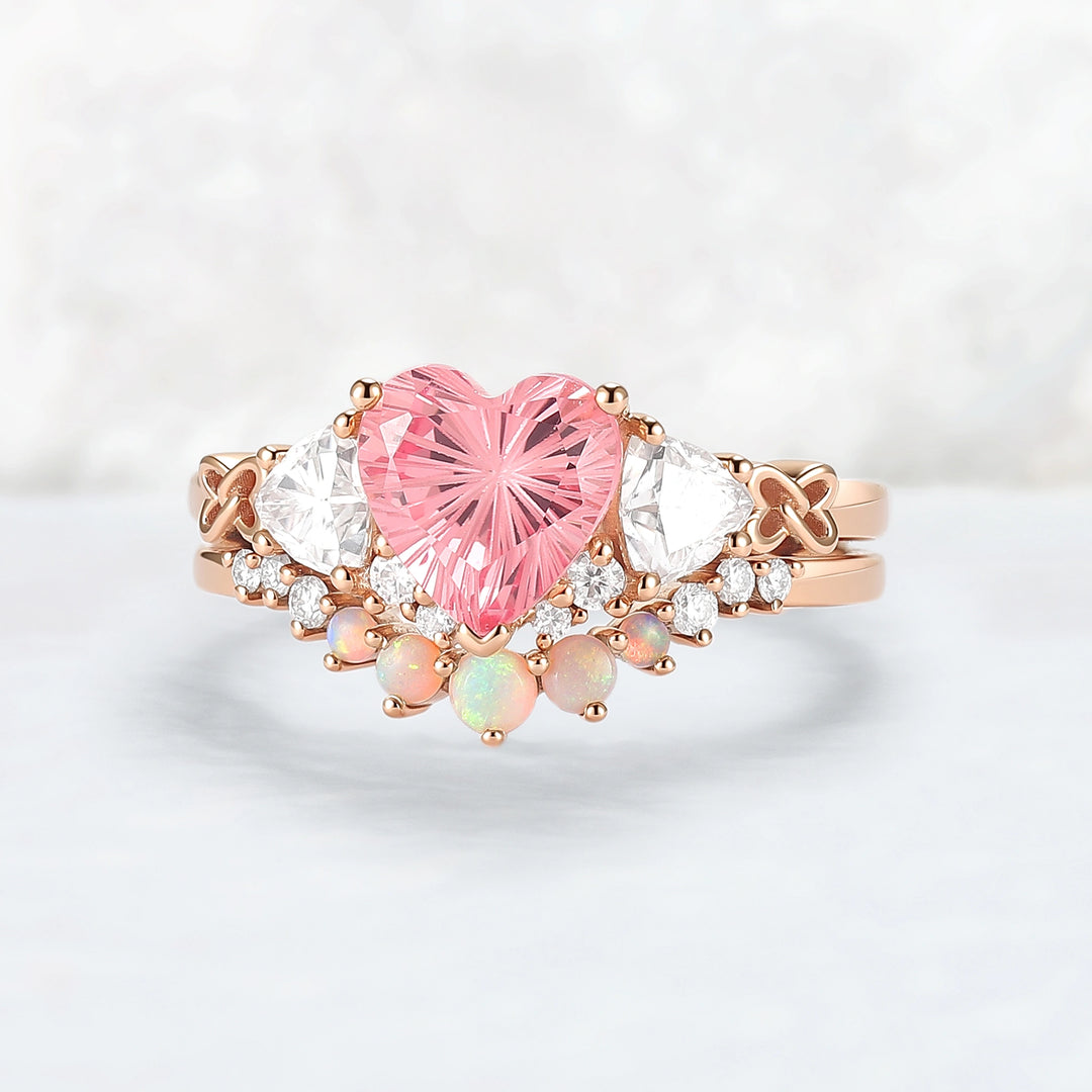 Eternal Knot Heart-Shaped Pink Sapphire Engagement Ring Set 2pcs