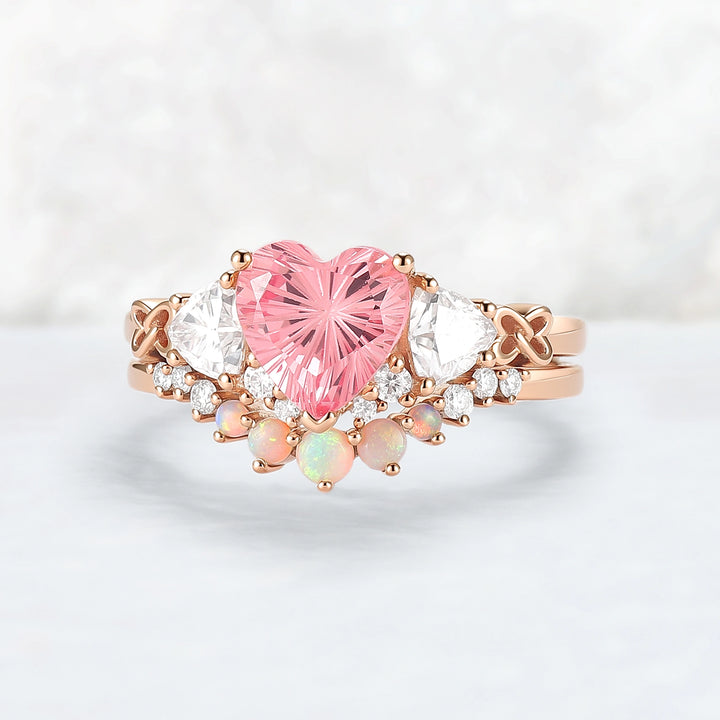 Eternal Knot Heart-Shaped Pink Sapphire Engagement Ring Set 2pcs