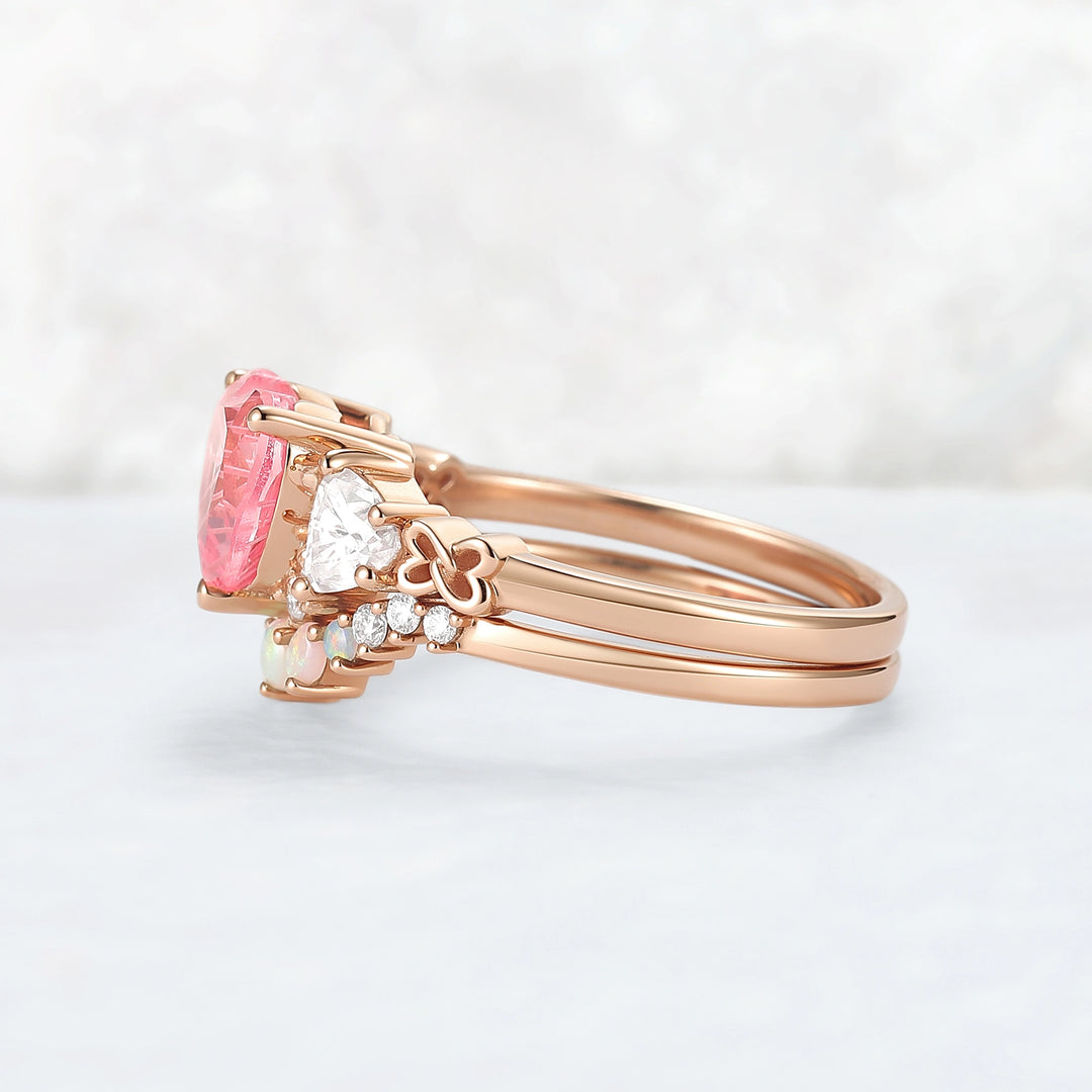 Eternal Knot Heart-Shaped Pink Sapphire Engagement Ring Set 2pcs