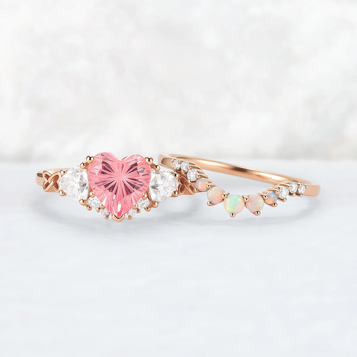 Eternal Knot Heart-Shaped Pink Sapphire Engagement Ring Set 2pcs