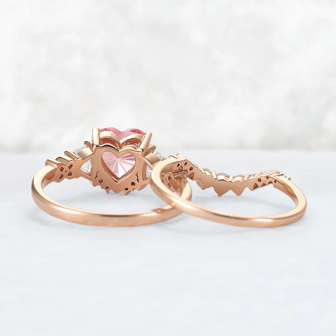 Eternal Knot Heart-Shaped Pink Sapphire Engagement Ring Set 2pcs