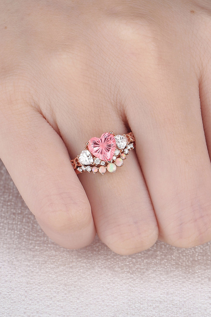 Eternal Knot Heart-Shaped Pink Sapphire Engagement Ring Set 2pcs