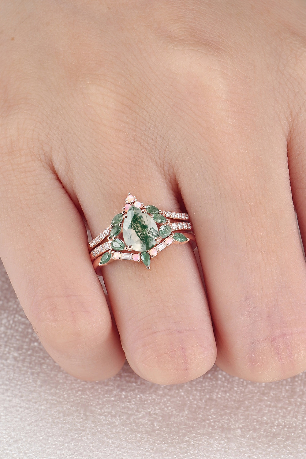 Evergreen Glow Pear-Cut Moss Agate Stacking Ring Set 3pcs