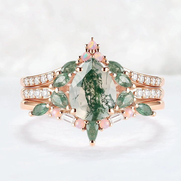 Evergreen Glow Pear-Cut Moss Agate Stacking Ring Set 3pcs