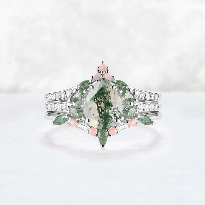 Evergreen Glow Pear-Cut Moss Agate Stacking Ring Set 3pcs